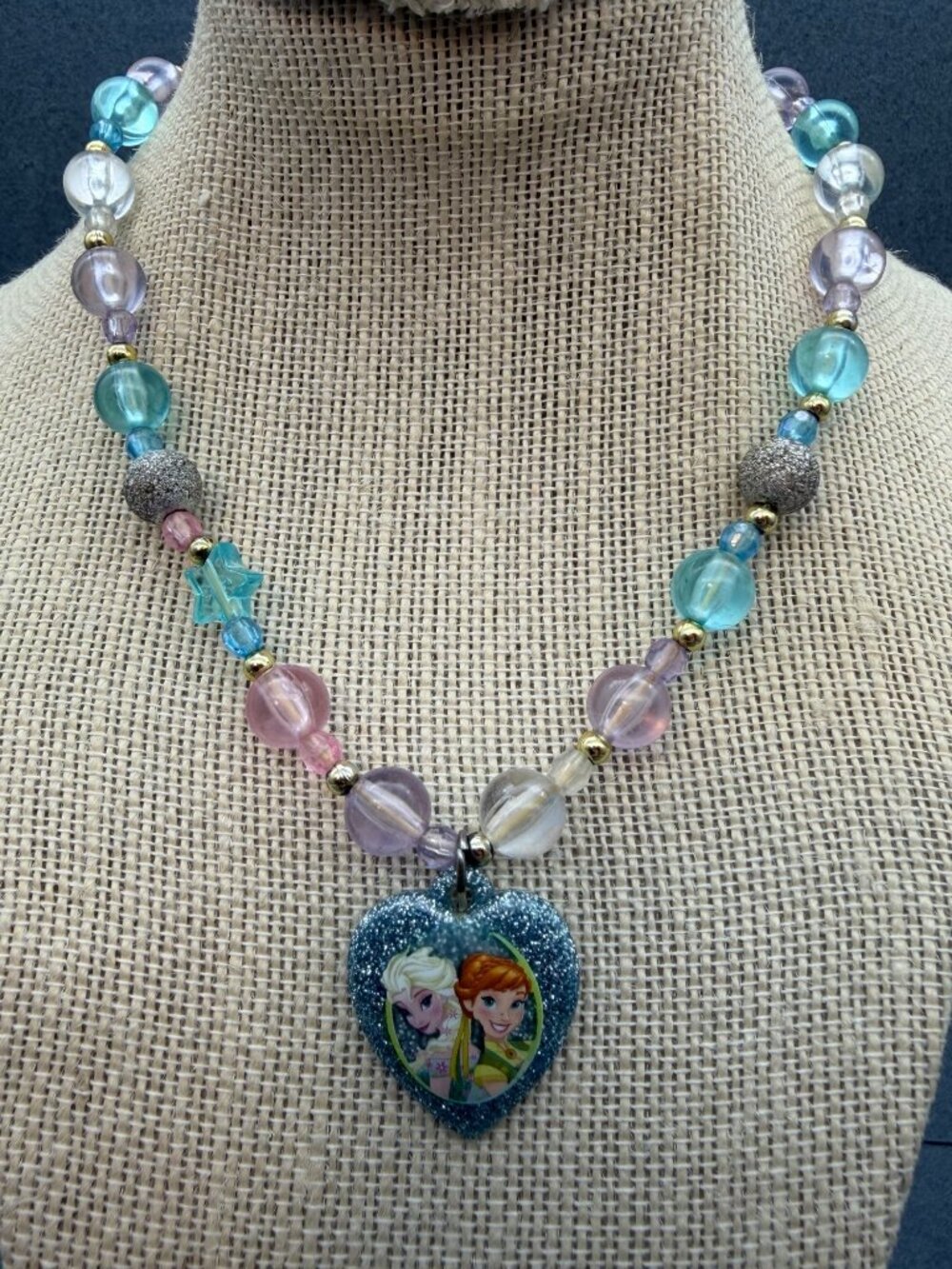 Frozen Heart Pendant Necklace 16 In Elsa Anna Multicolor Beads Glitter Accent